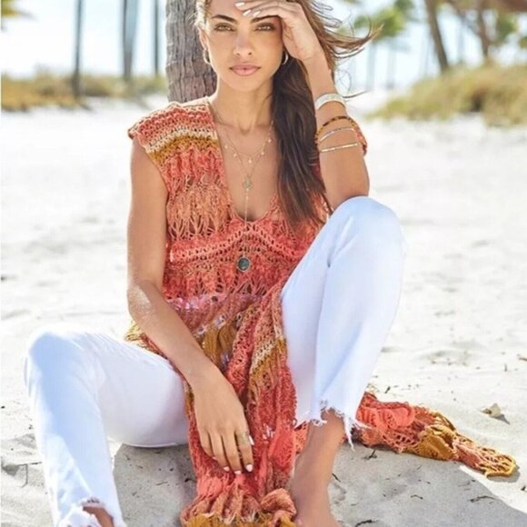 Free People Into The Flames Crochet Maxi Tunic Dress Cover-up Size M/L EUC - Picture 3 of 8